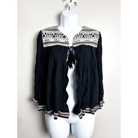 H&M Tie Front Aztec Print Embroidered Cardigan Womens 10 Black - Picture 1 of 6